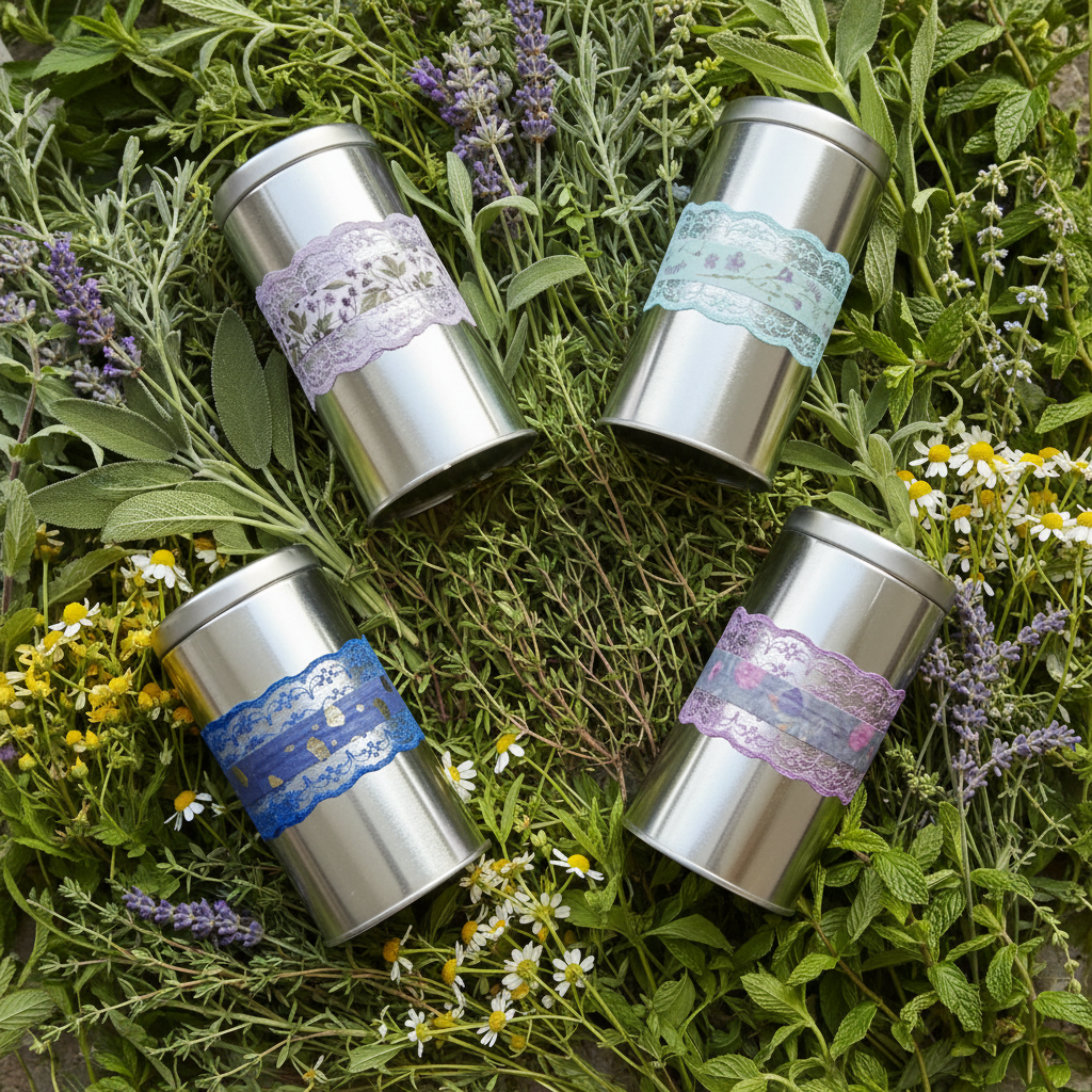Boîtes tisane - flat lay herbes médicinales