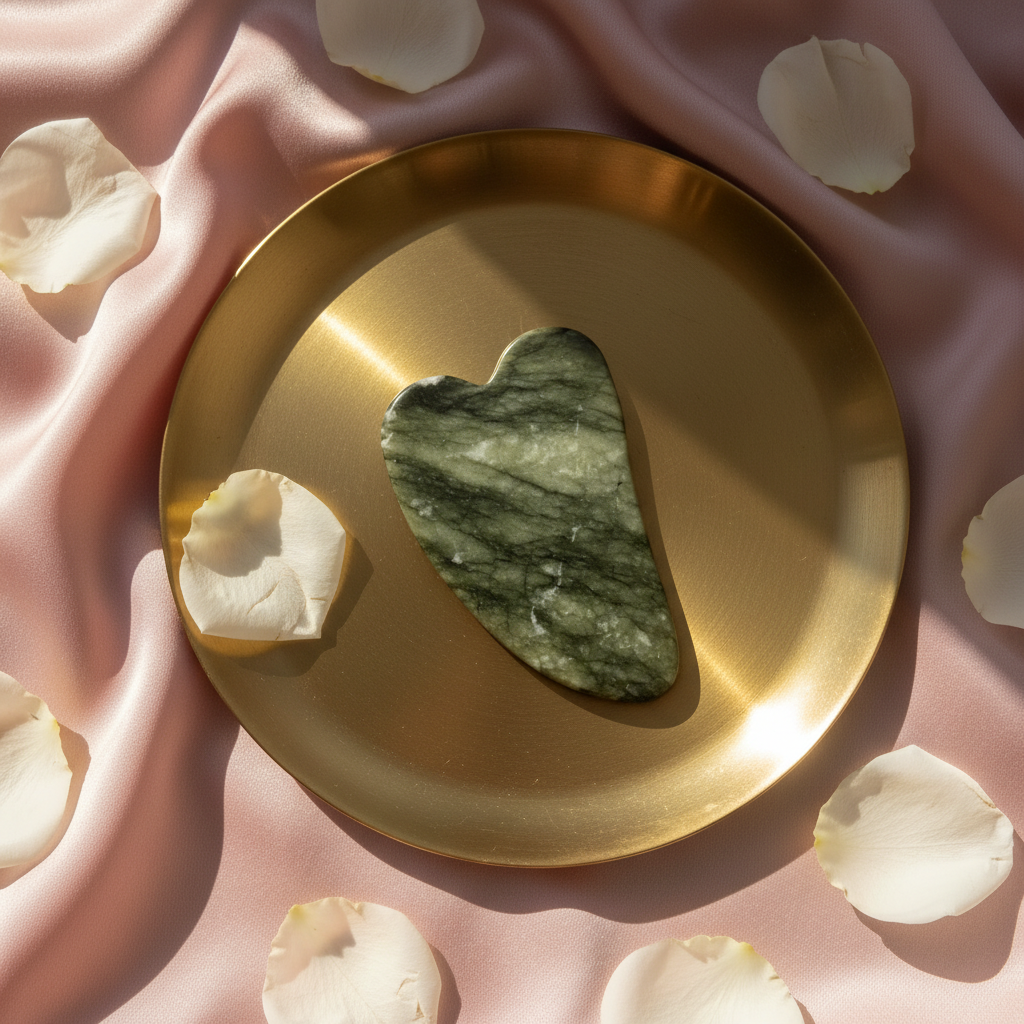Gua sha jade - soie rose et or