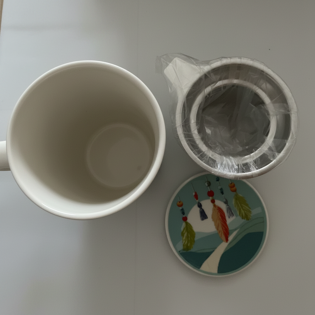 Tasse infuseur attrape-rêves - mug, filtre et couvercle démontés